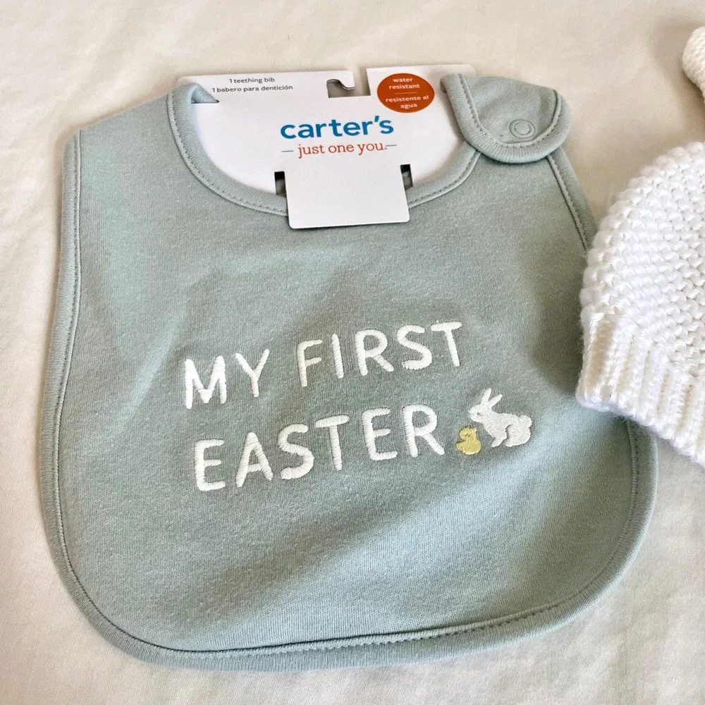 Carters Just One You My First Easter Bib and Bunny Ear Knit Beanie Set NWT